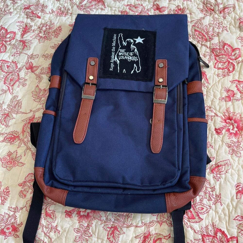 Sick Early 2000s Rage against the Machine Navy Blue and Cognac Leather Backpack!